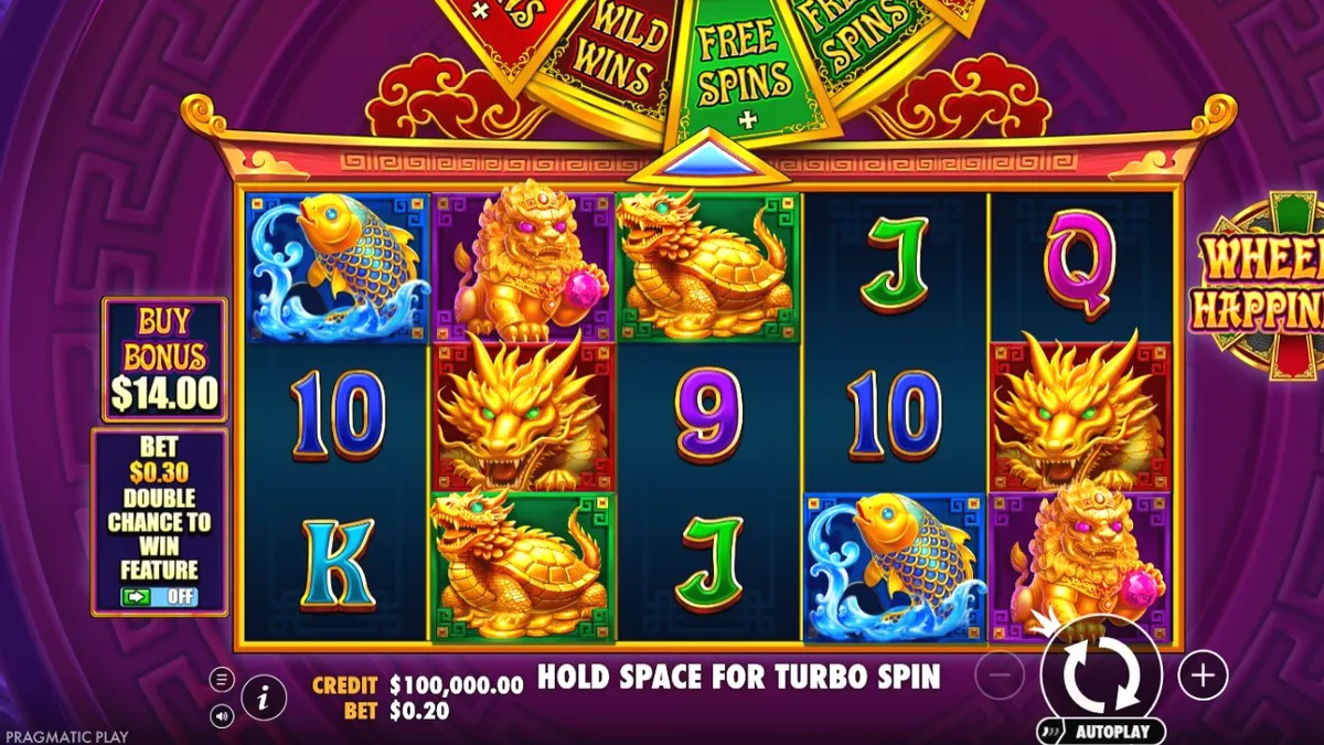 Wheel of Happiness slot machine interface featuring golden dragon symbols