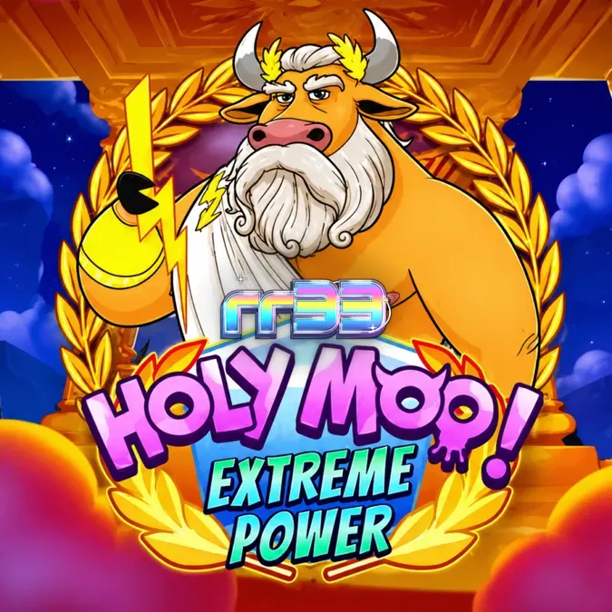 Tampilan layar permainan slot Holy Moo! Extreme Power di perangkat seluler, menyoroti tata letak grid dan simbol-simbol bertema sapi.